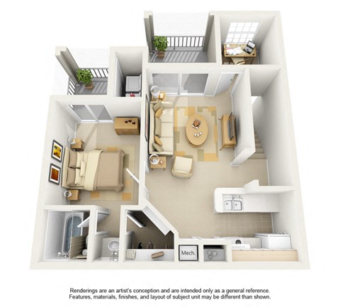 Floor plan for 1 bed, 1 bath, 861 sqft